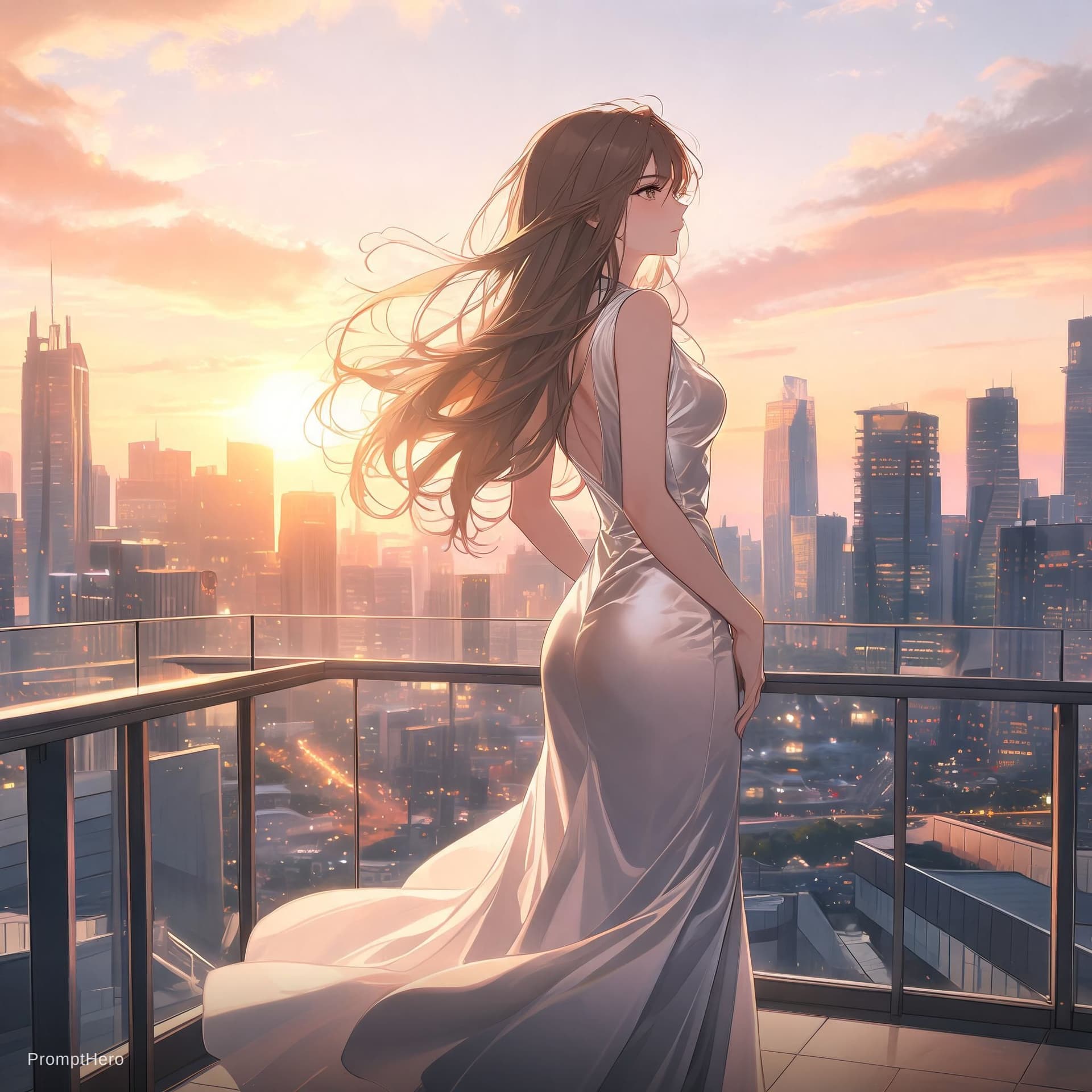 AI generated: Een elegante volwassen vrouw in een stijlvolle avondjurk staat op een balkon met uitzicht over een m...