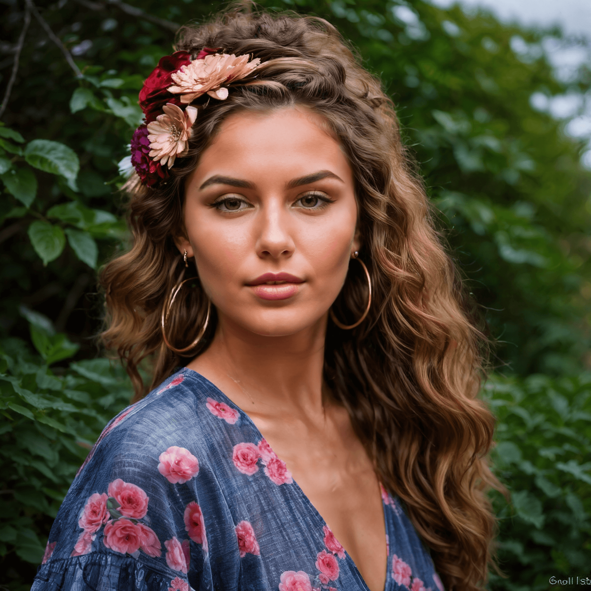 AI generated: a stunning woman with flowing curly hair and flower accessories , capturing the essence of festival ...