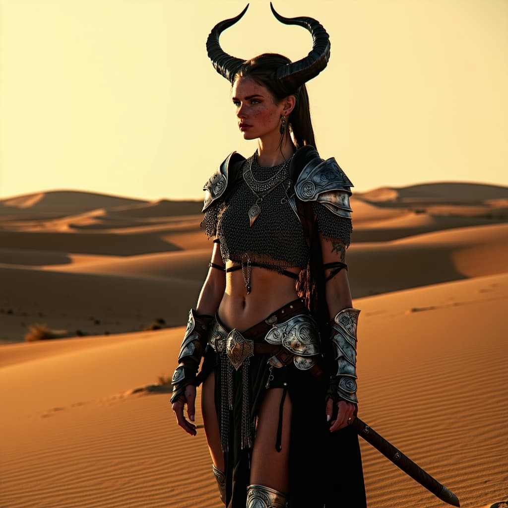 AI generated: A detailed and atmospheric illustration, full body shot of a young beautiful European female horned ...