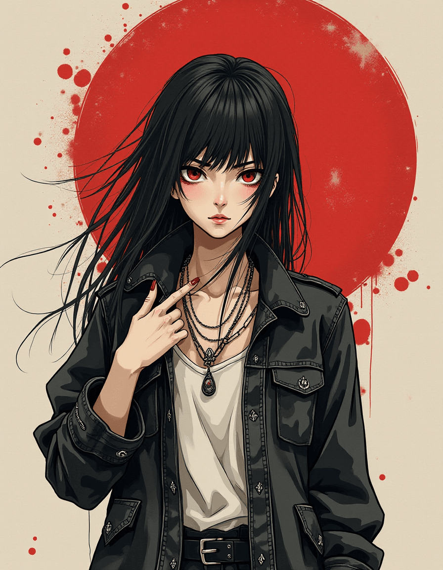 AI generated: anime full body Symbolist ink wash painting of a 24-year-old Yao-Greek female edgy rocker girl with ...