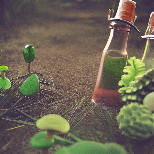 AI generated: forest, mushrooms, bottle, green