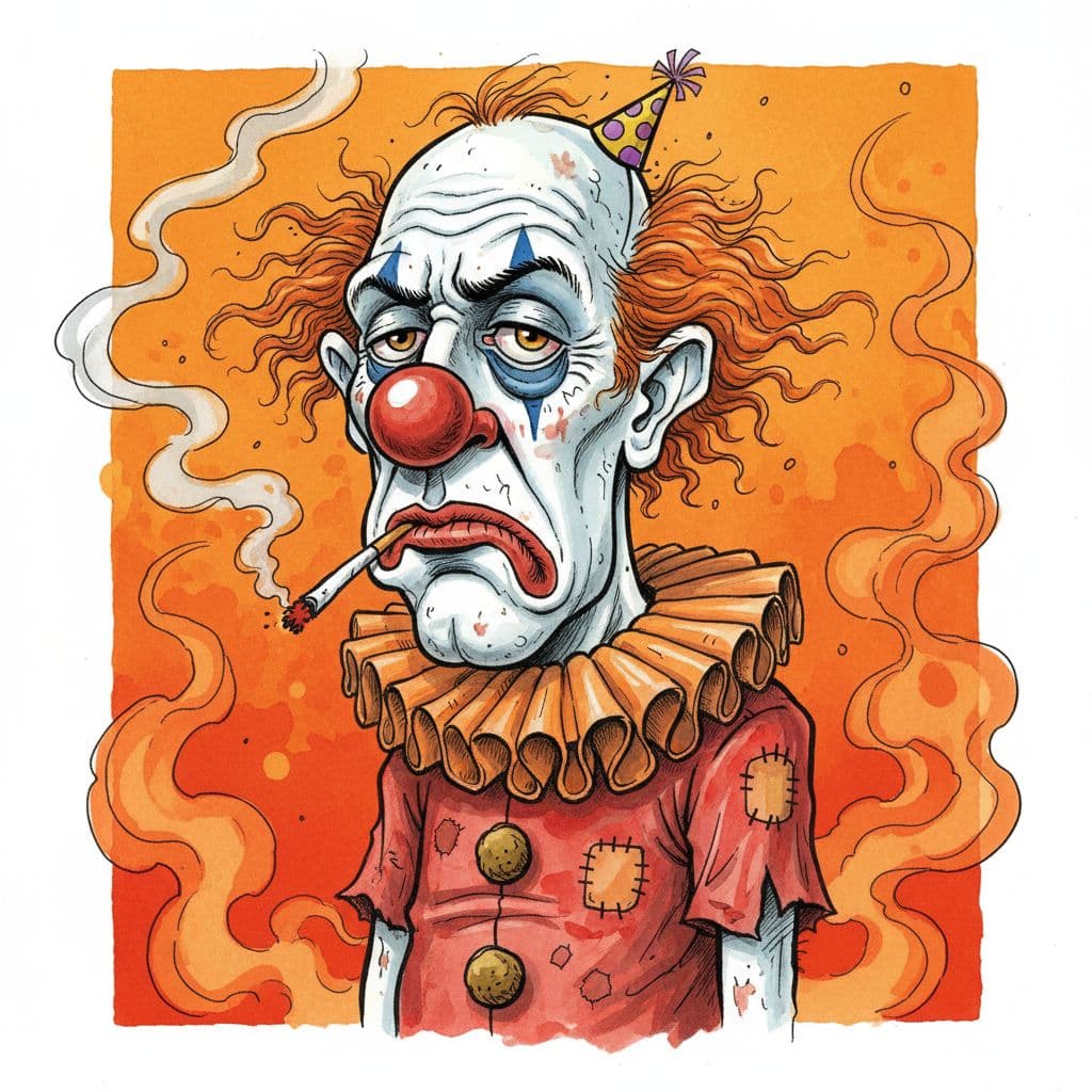 AI generated: funny caricature, disheveled clown character, male, 45 years old, messy, grumpy, tired, exaggerated ...