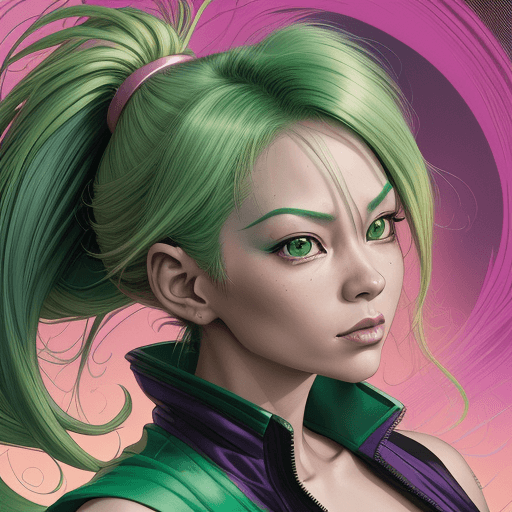 AI generated: a colorful woman with colorful hair, in the style of martin ansin, light green and light emerald, ak...