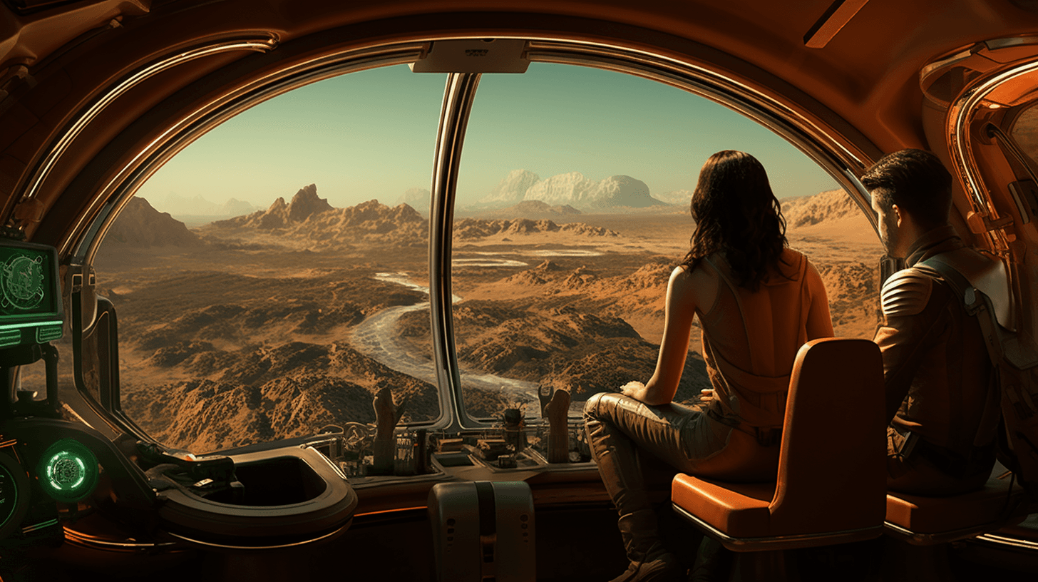 AI generated: general view of the interior of a spaceship with some windows to observe, planet mars outside, insid...
