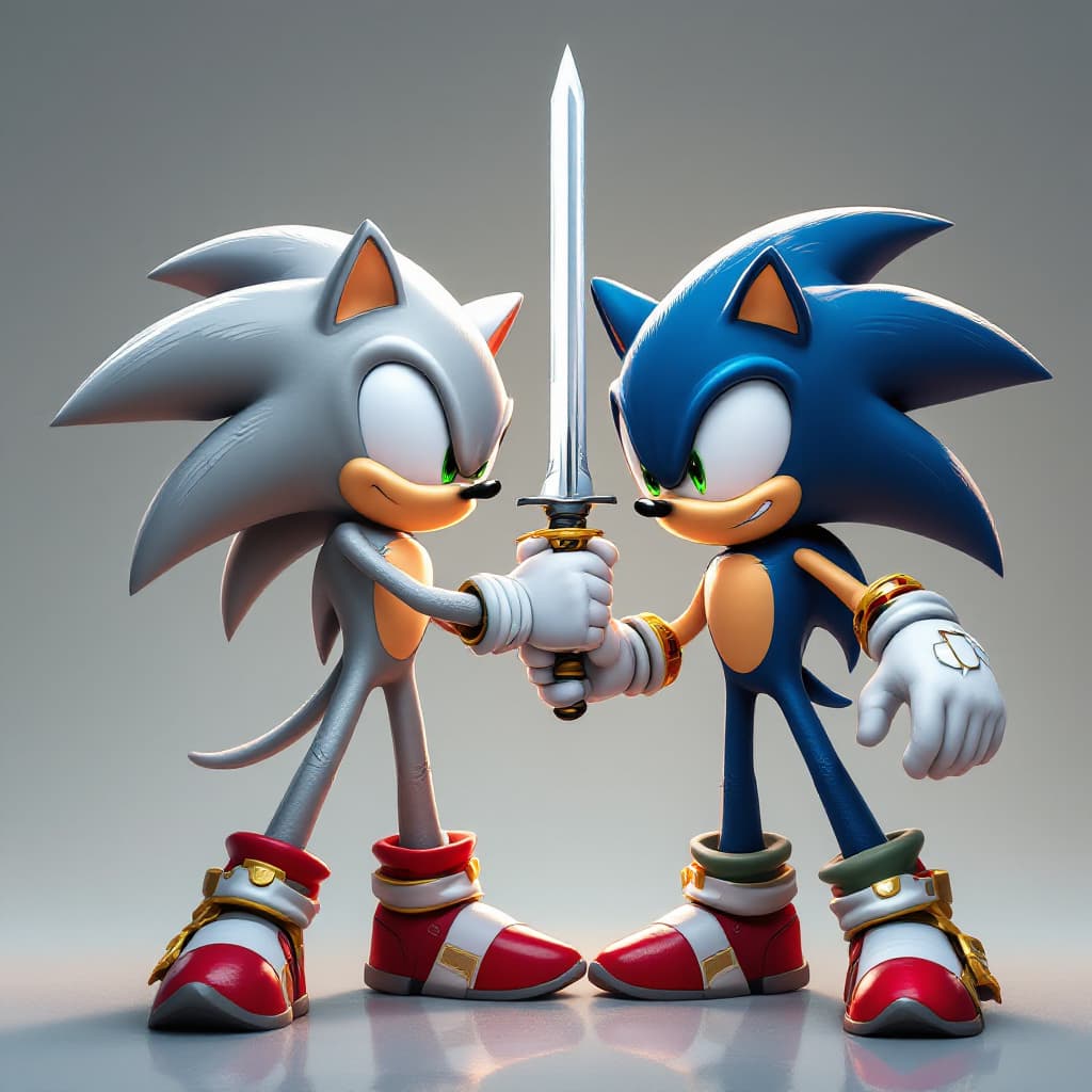 AI generated: Silver the hedgehog and sonic the hedgehog, cool fighting pose, holding two swords perspective 