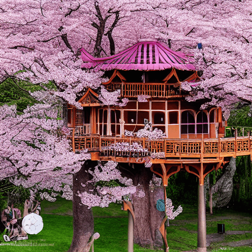 AI generated: THE CHERRY BLOSSOM TREE HOUSE :: beautiful ornate treehouse in a gigantic pink cherry blossom tree :...