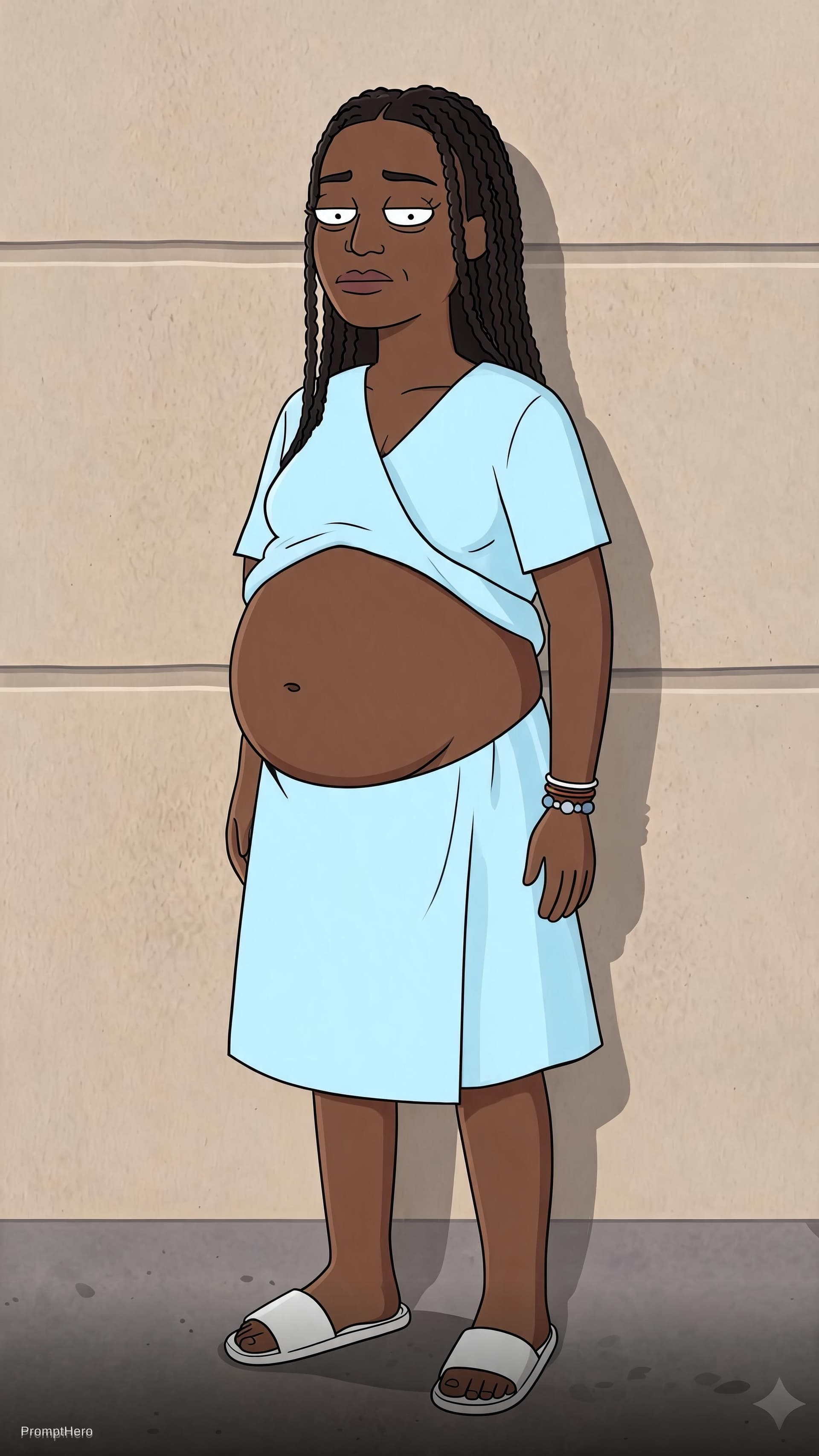 AI generated: with hospital dress for labor feeling tired.