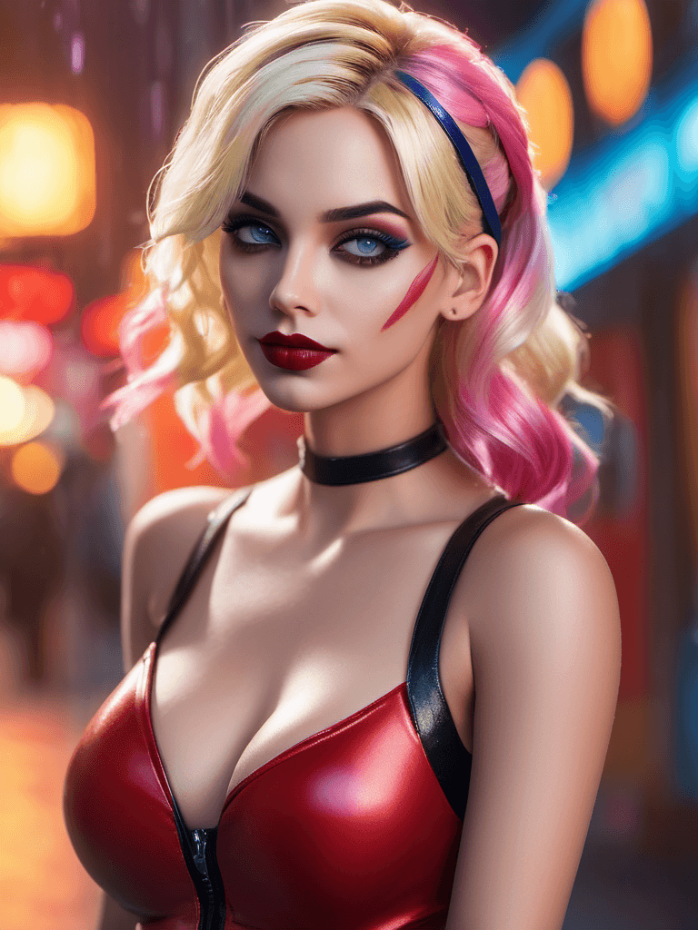 AI generated: full body:1.5, Cyberpunk Harley Quinn, Evil attitude, cold stare, (neon Gotham City):1.5, ((masterpi...