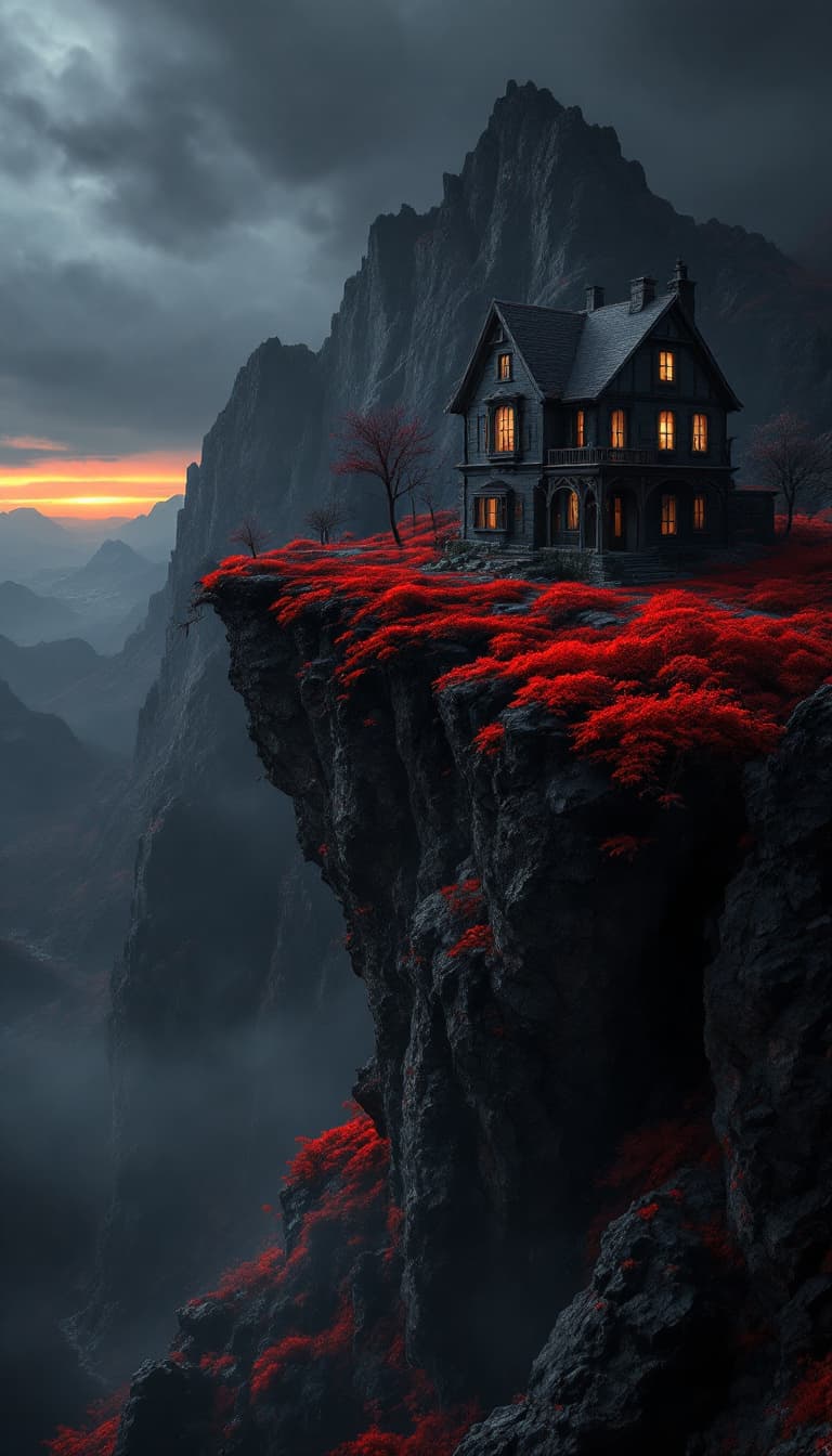 AI generated: house at the cliff top in a black and red rocky landscape, in the style of realistic and hyper-detai...