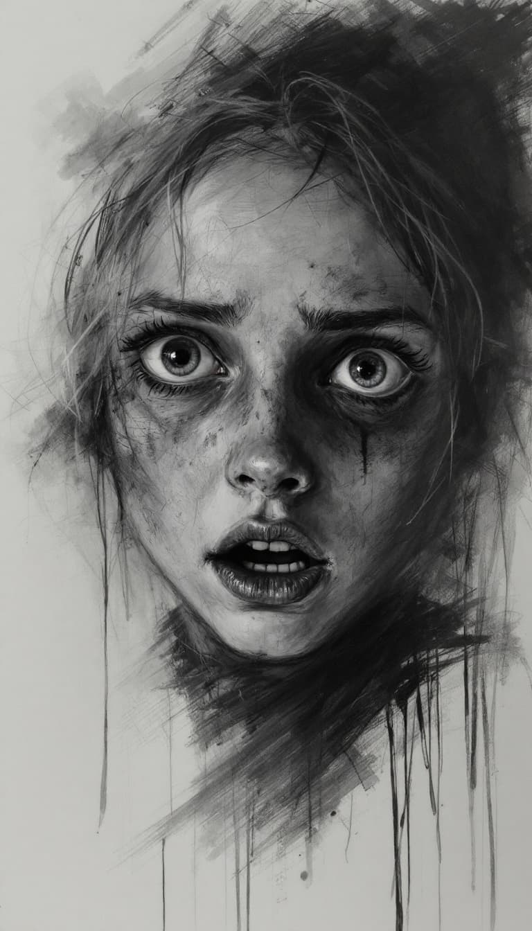 AI generated: Girl, charcoal sketch, scared, 