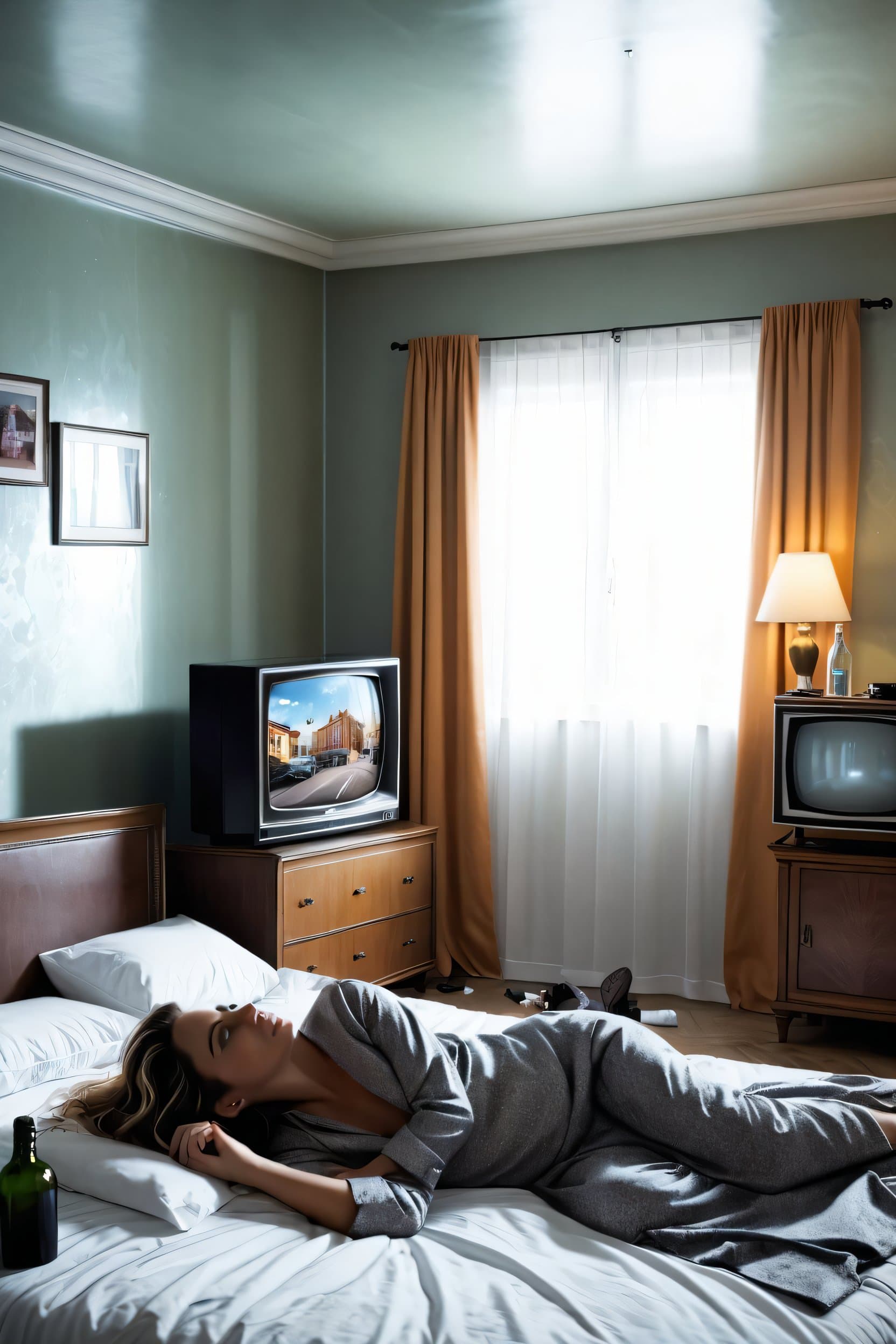 AI generated: (the day after, the hangover:1.3), hotel room interior, messy, clothes on the floor, empty bottles, ...