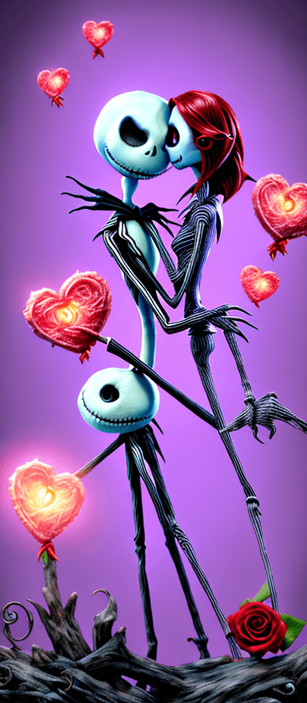 AI generated: The Nightmare Before Valentines Day, Jack Skellington and Sally showing affection, glowing hearts, a...