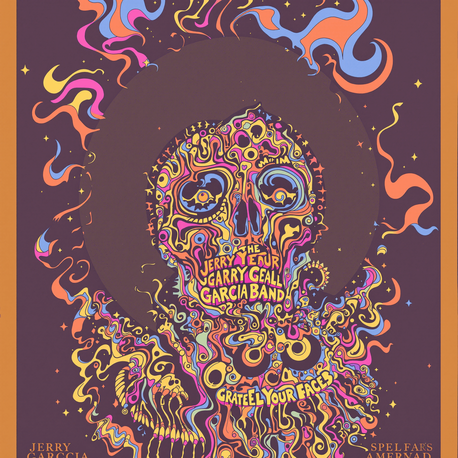 AI generated: psychedelic poster for the Jerry Garcia Band in 1982. Included in the performance was Jerry, Brent M...