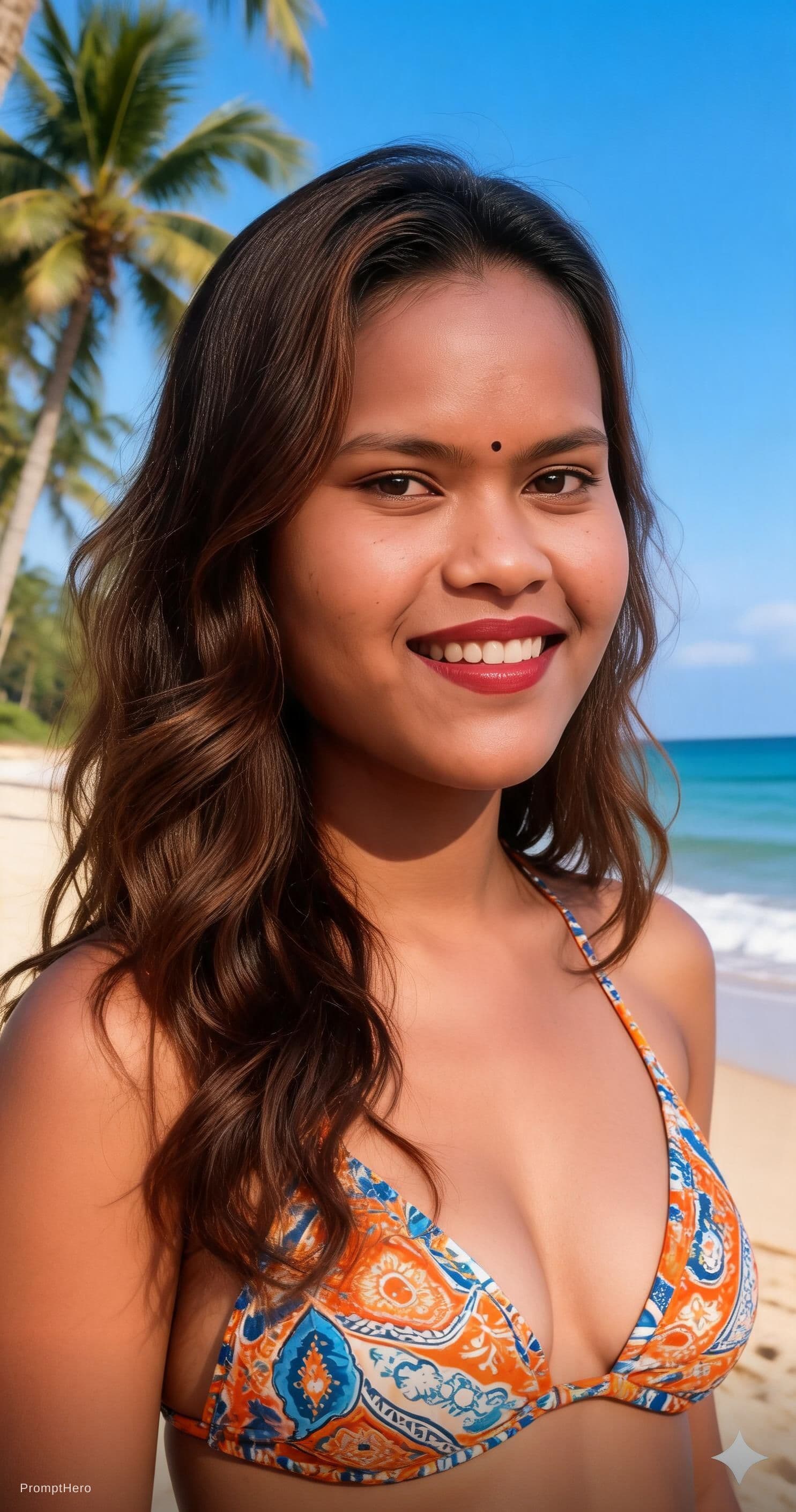AI generated: A young woman with long, wavy brown hair, smiling brightly on a sunny beach. She wears a colorful, p...