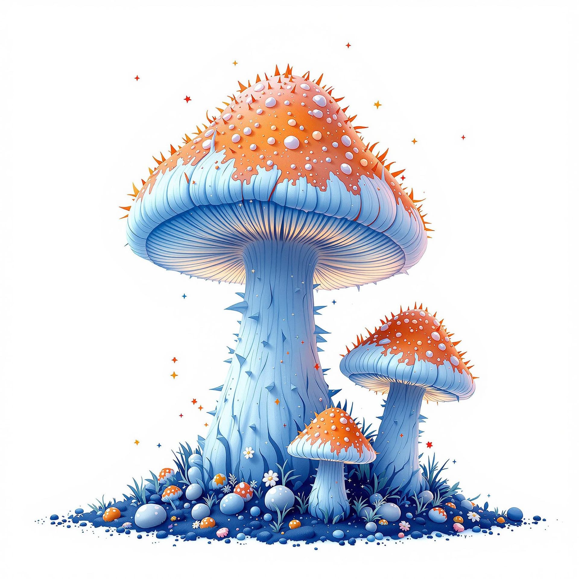 AI generated: the image of a blue and white mushroom, in the style of otherworldly, soggy, sparklecore, spiky moun...