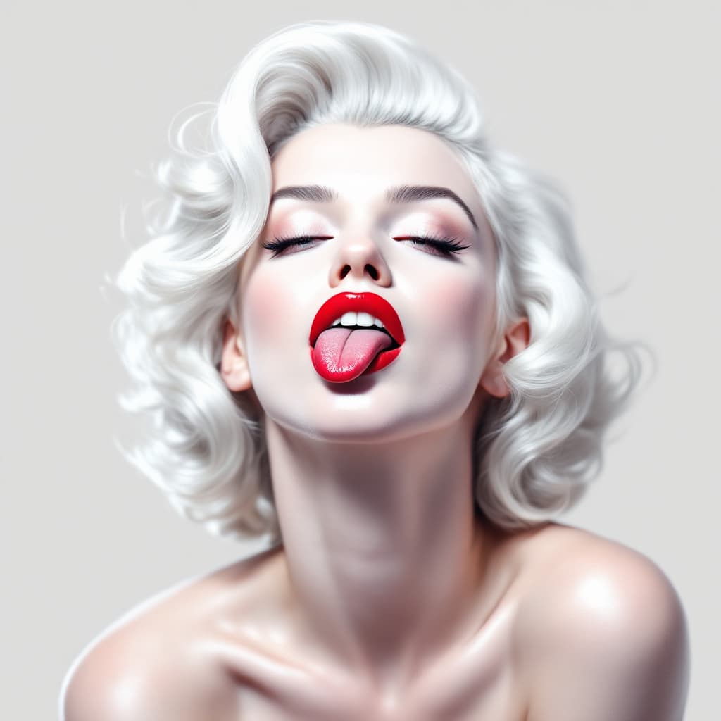AI generated: white background, beautiful portrait of Marilyn Monroe in white and silver colors, with red lipstick...