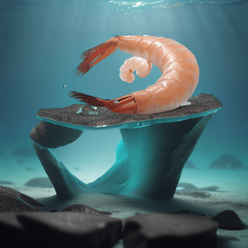AI generated: Shrimp at the bottom of the ocean , beautiful rocks and seaweed nearby, underwater photography, ligh...