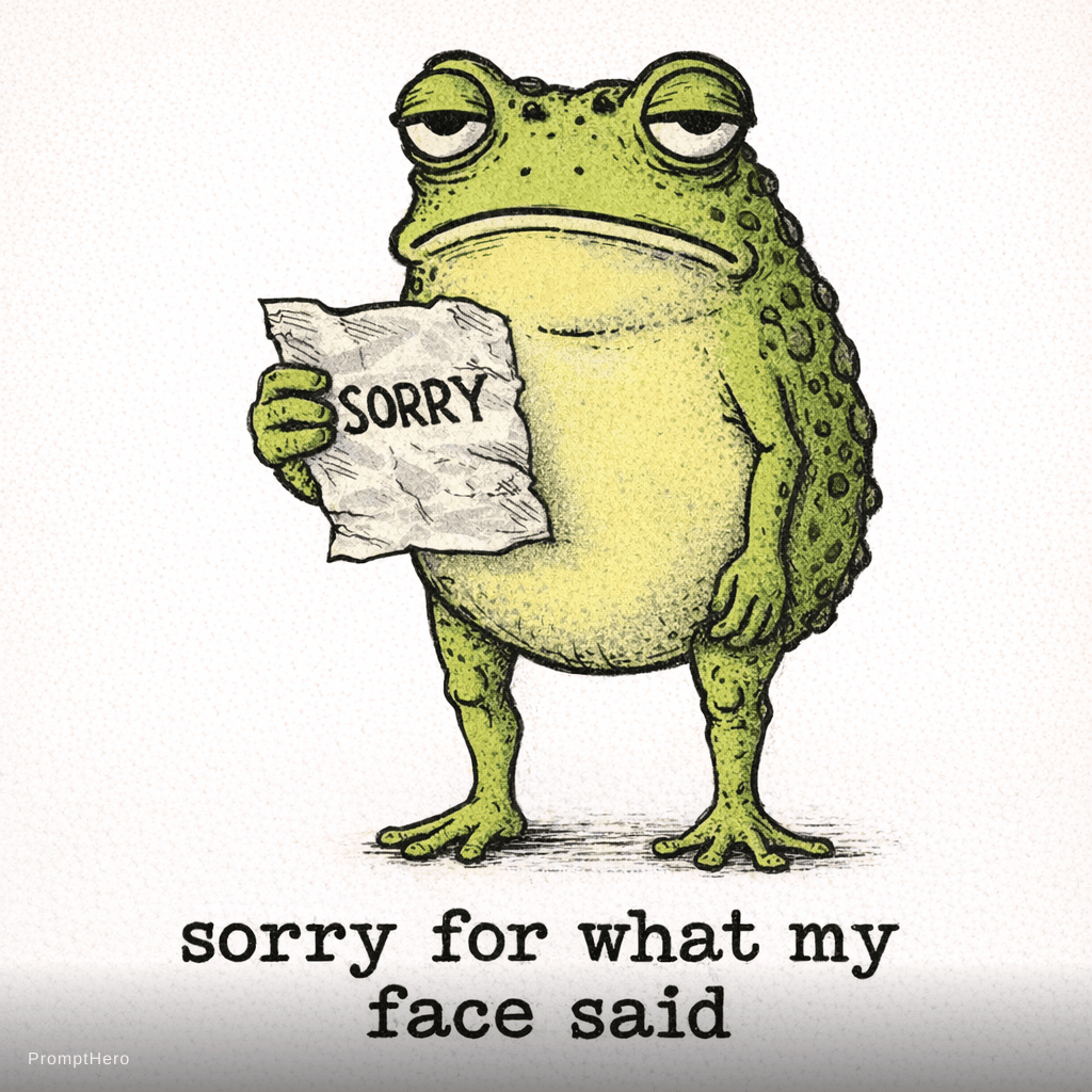 AI generated: sarcastic frog with half-lidded eyes holding a crumpled apology note, bored unimpressed expression, ...