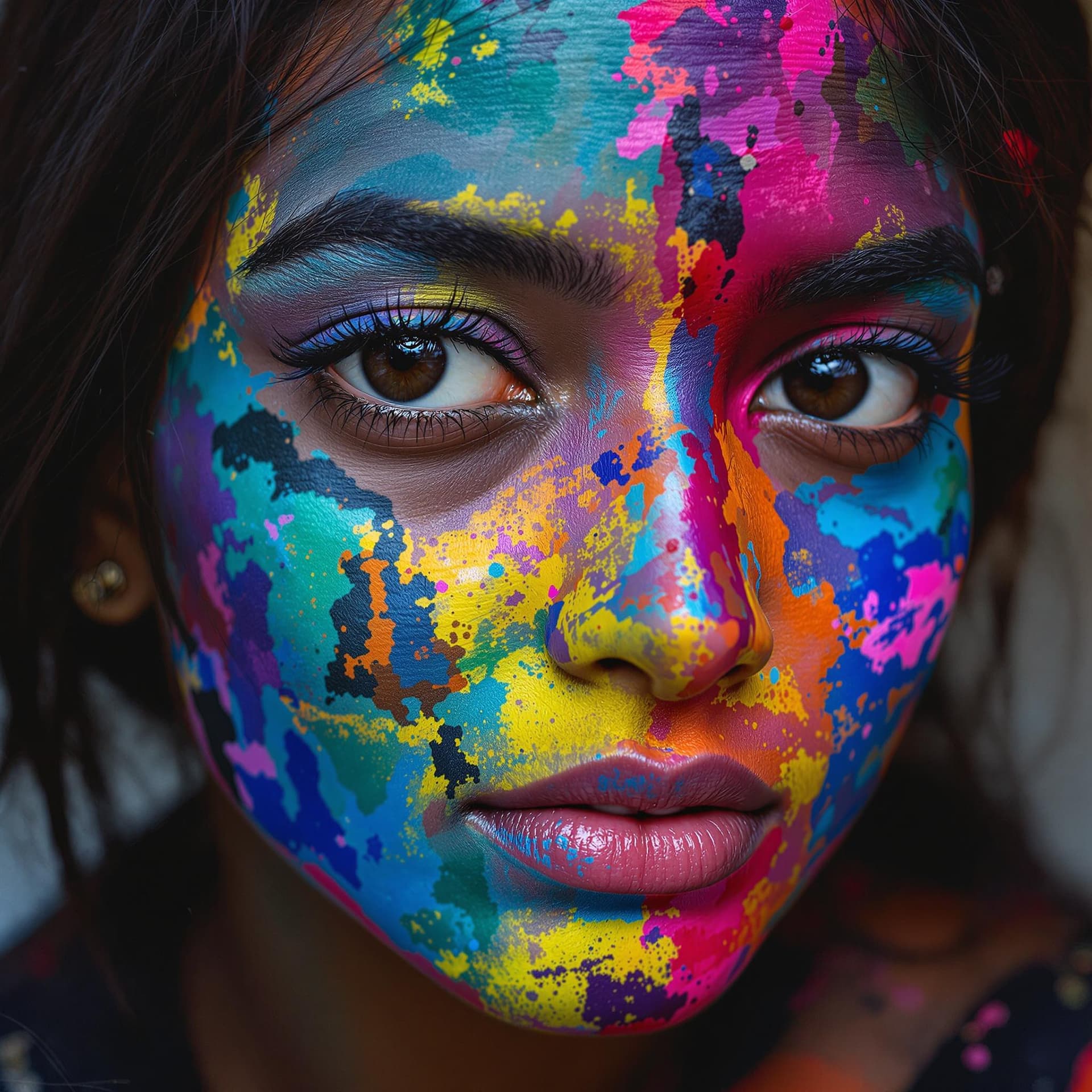 AI generated: Modern Indian girl with paint on her face, in the style of different colors, master of ink, acrobati...
