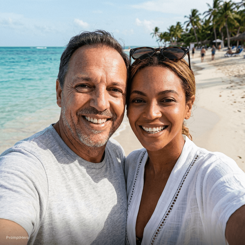 AI generated: with BEYONCÉ at a tropical beach, sunny day, both smiling