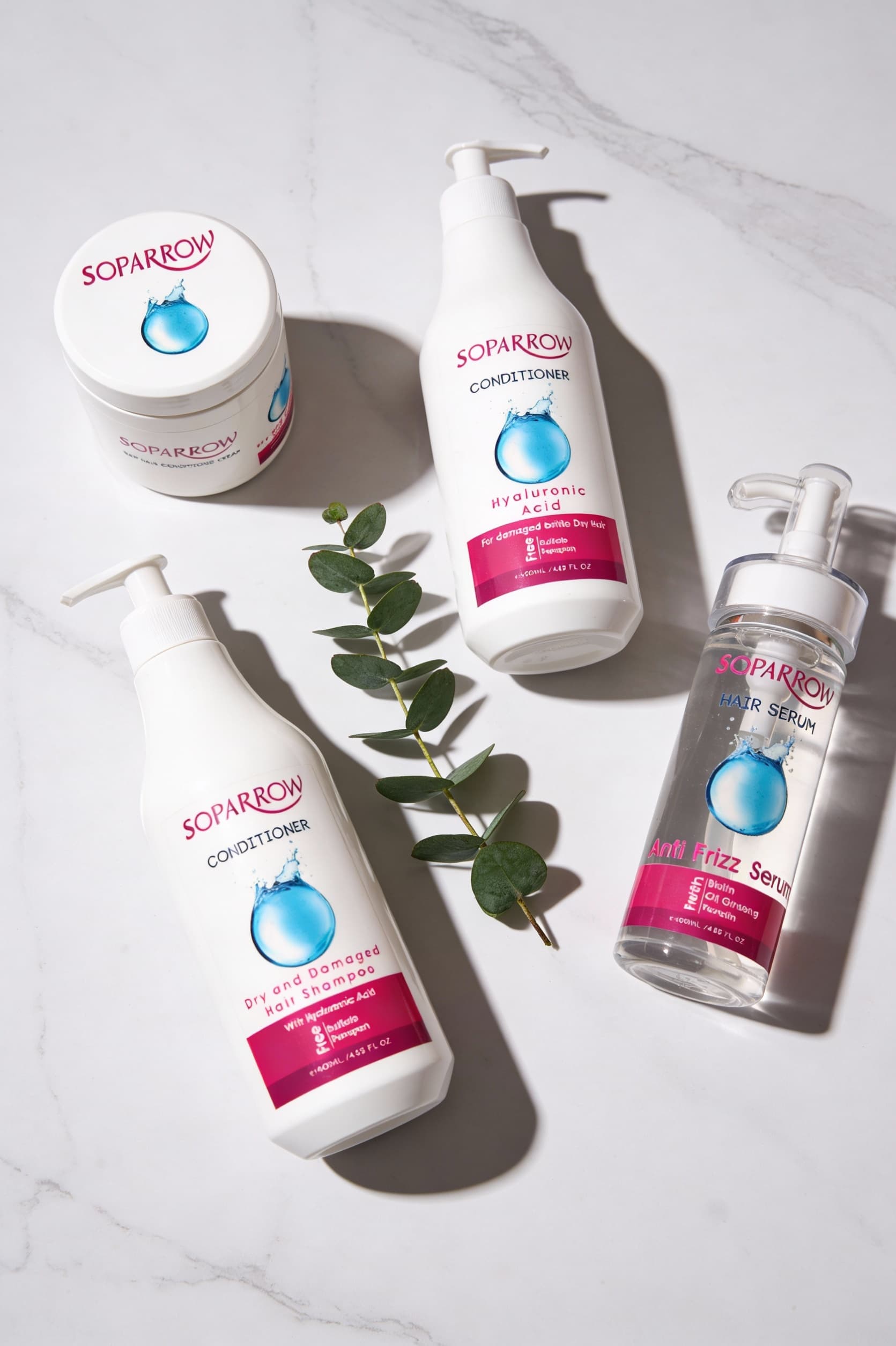 AI generated: A top-down, ultra-realistic flat-lay photograph of four SOPARROW hair care products arranged in a pr...
