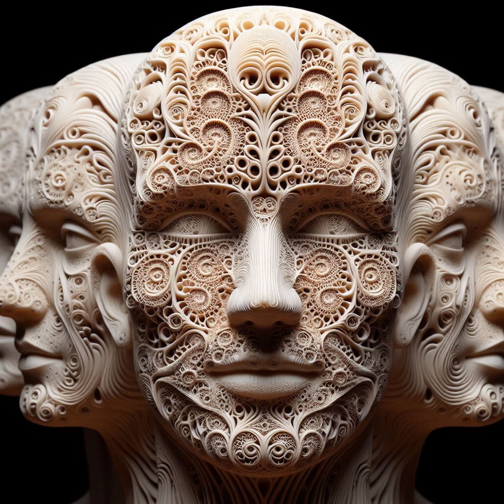 AI generated: Sculpt a face where the emotions are expressed through intricate fractal patterns. Each emotion, suc...