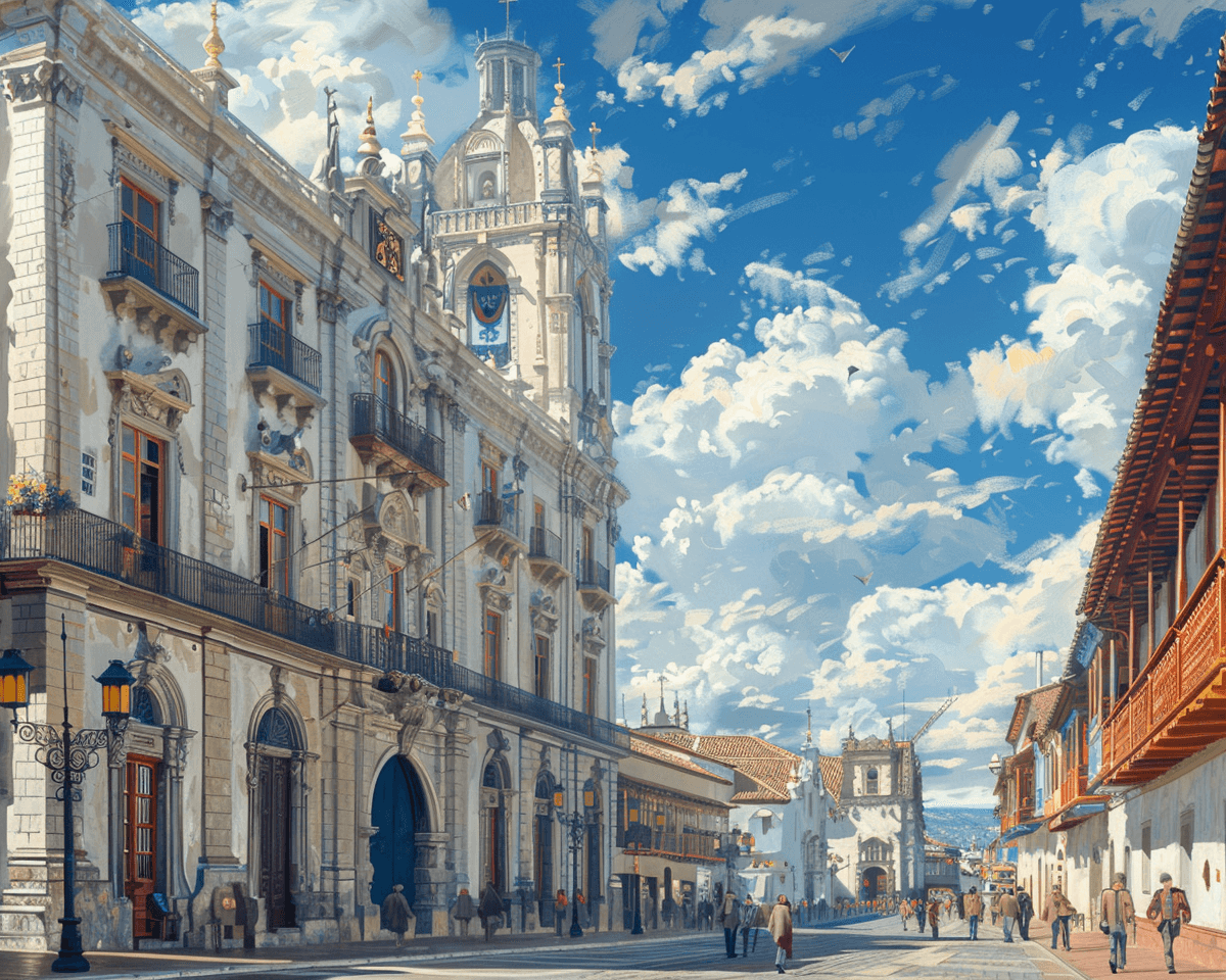 AI generated: Painting old Quito XIXth century street , Centro historico,sunny day, old Cathedral, people walking ...