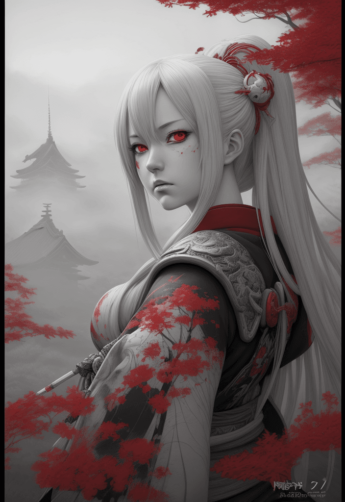 AI generated: painting, fantasy, japan, anime, in the style of realistic hyper-detailed rendering, dark white and ...
