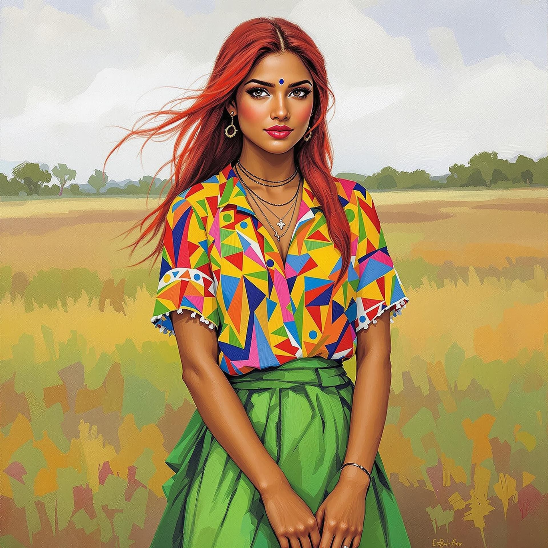 AI generated: The image features a painting of an Indian woman with red hair, wearing a colorful shirt and green s...