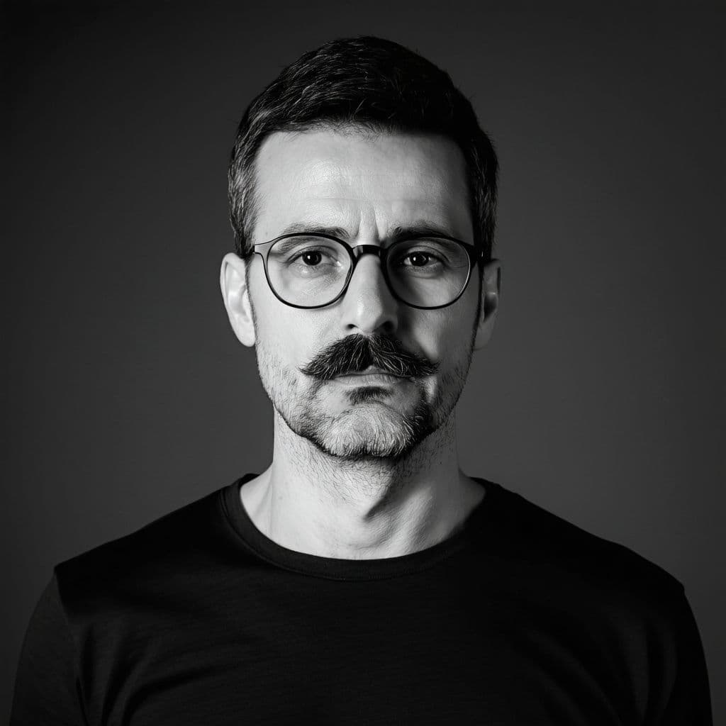 AI generated: A high-resolution black-and-white photograph of a man with a clean, thin moustache, a light beard un...