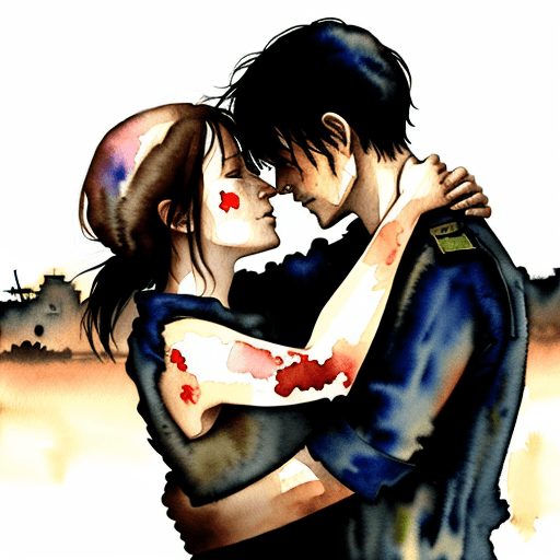 AI generated: watercolor scene of two lovers in a war-torn country, embracing each other as they contemplate what ...