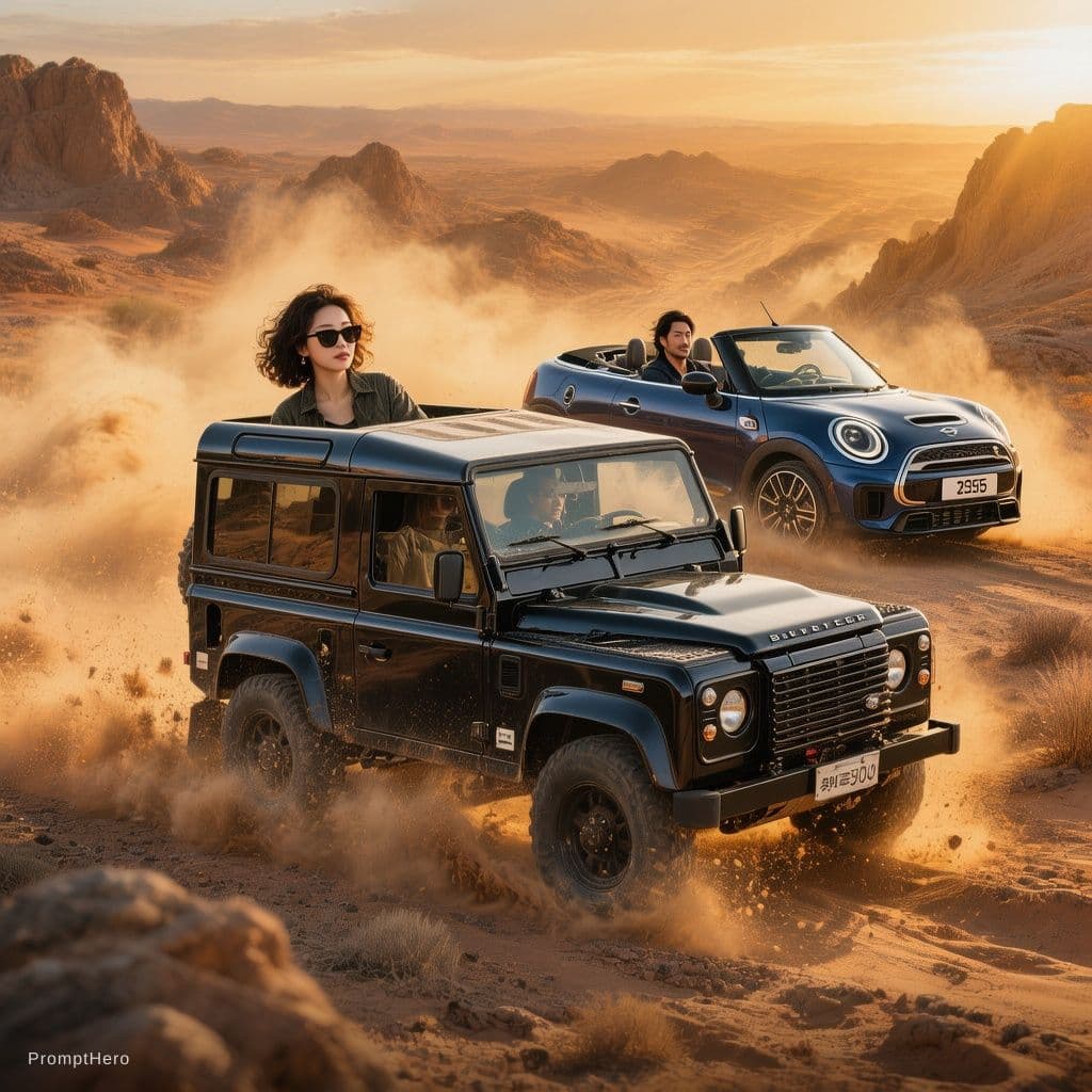 AI generated: A vast cinematic desert landscape under intense golden sunset sunlight, with rugged rocky terrain, s...