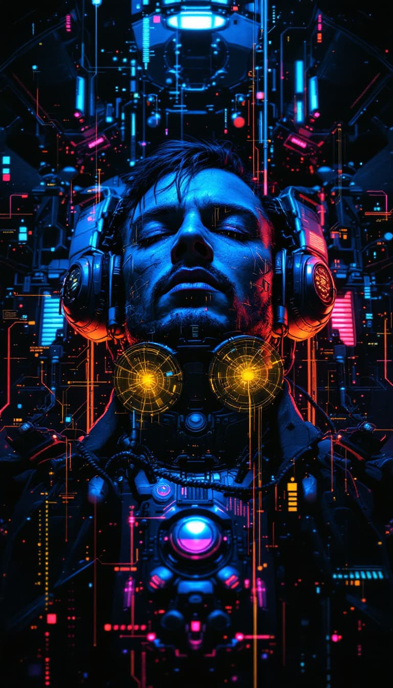 AI generated: Portrait of a futuristic cyberpunk rebel leader, centered, adorned with revolutionary tech, in a hid...