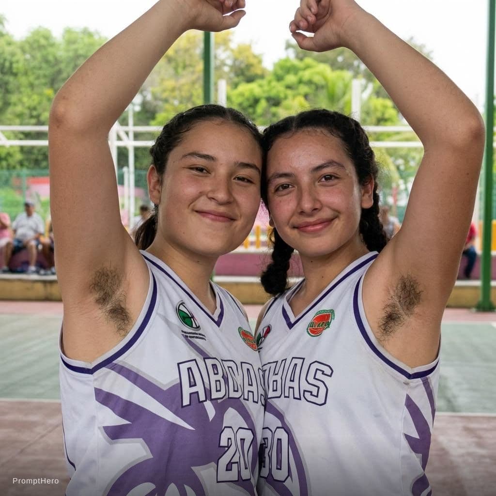 AI generated: 18 years girls unshaved armpits, very hairy, close up,both with both arms up, detailed armpits 