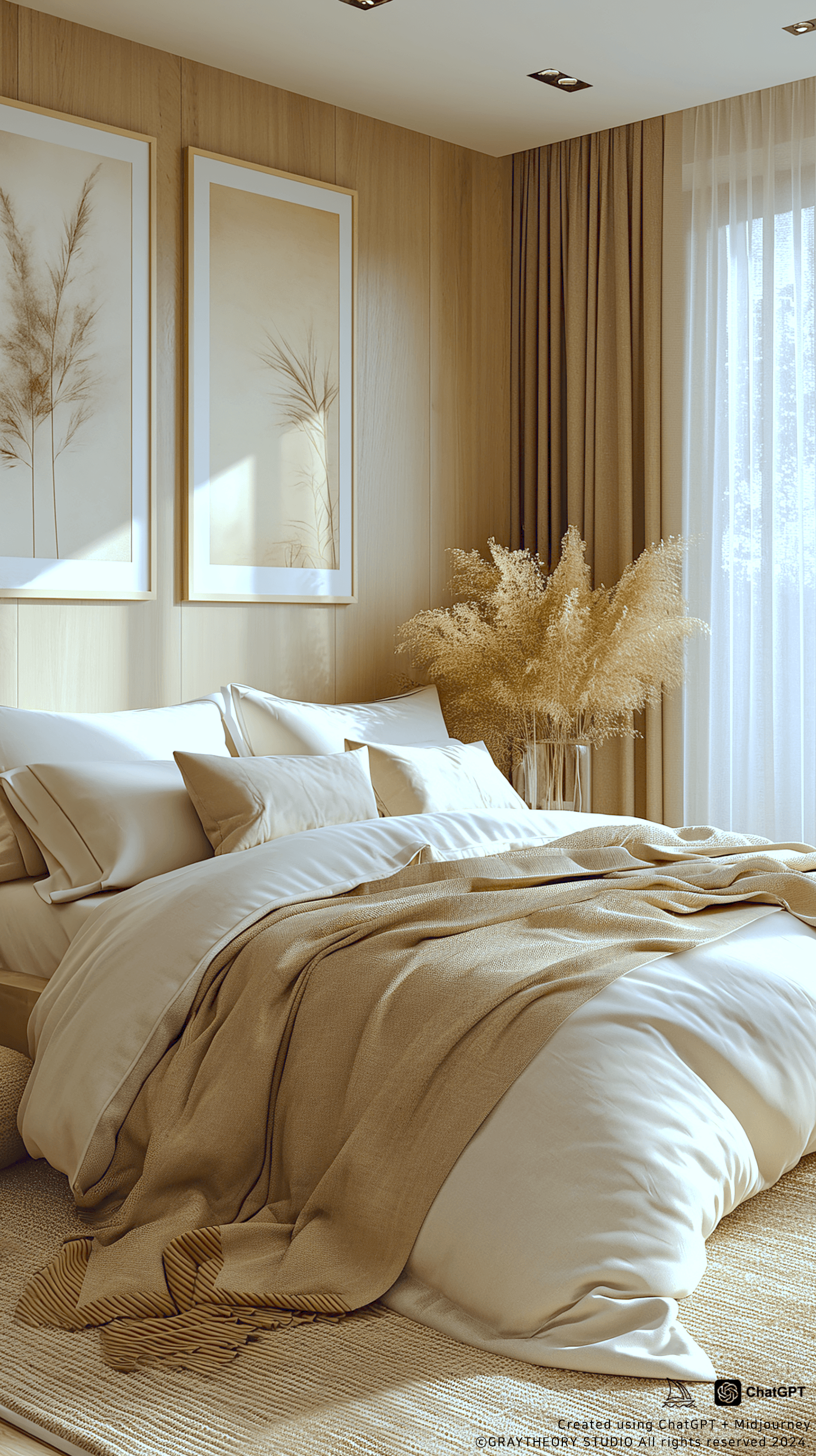 AI generated: cinematic, canon EOS 5d, minimalist apartment bedroom, modernism furnishings, beige and white tone, ...