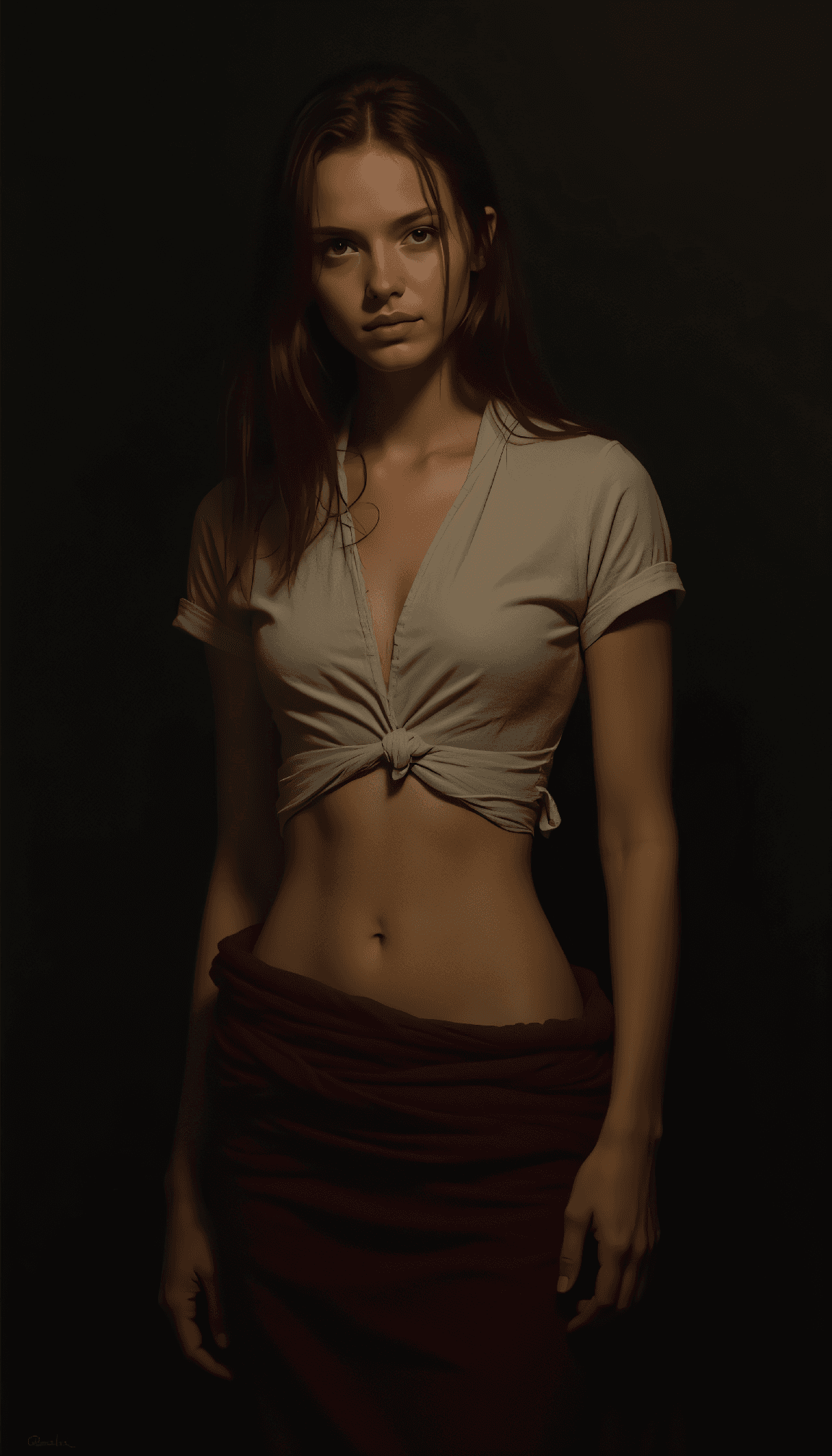 AI generated: Tenebristic oil painting with dramatic light contrast of a muscular female figure emerging from dark...