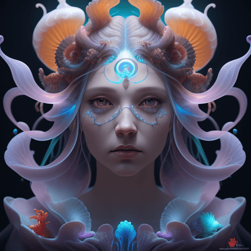 AI generated: Goddess close-up portrait ribcagel. jellyfish phoenix head, nautilus, orchid, skull, betta fish, bio...
