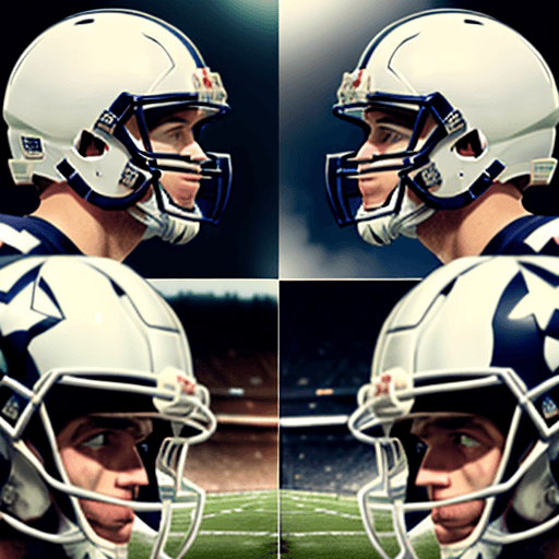 AI generated: panoramic image of American football players, wearing white helmets, looking straight into the camer...