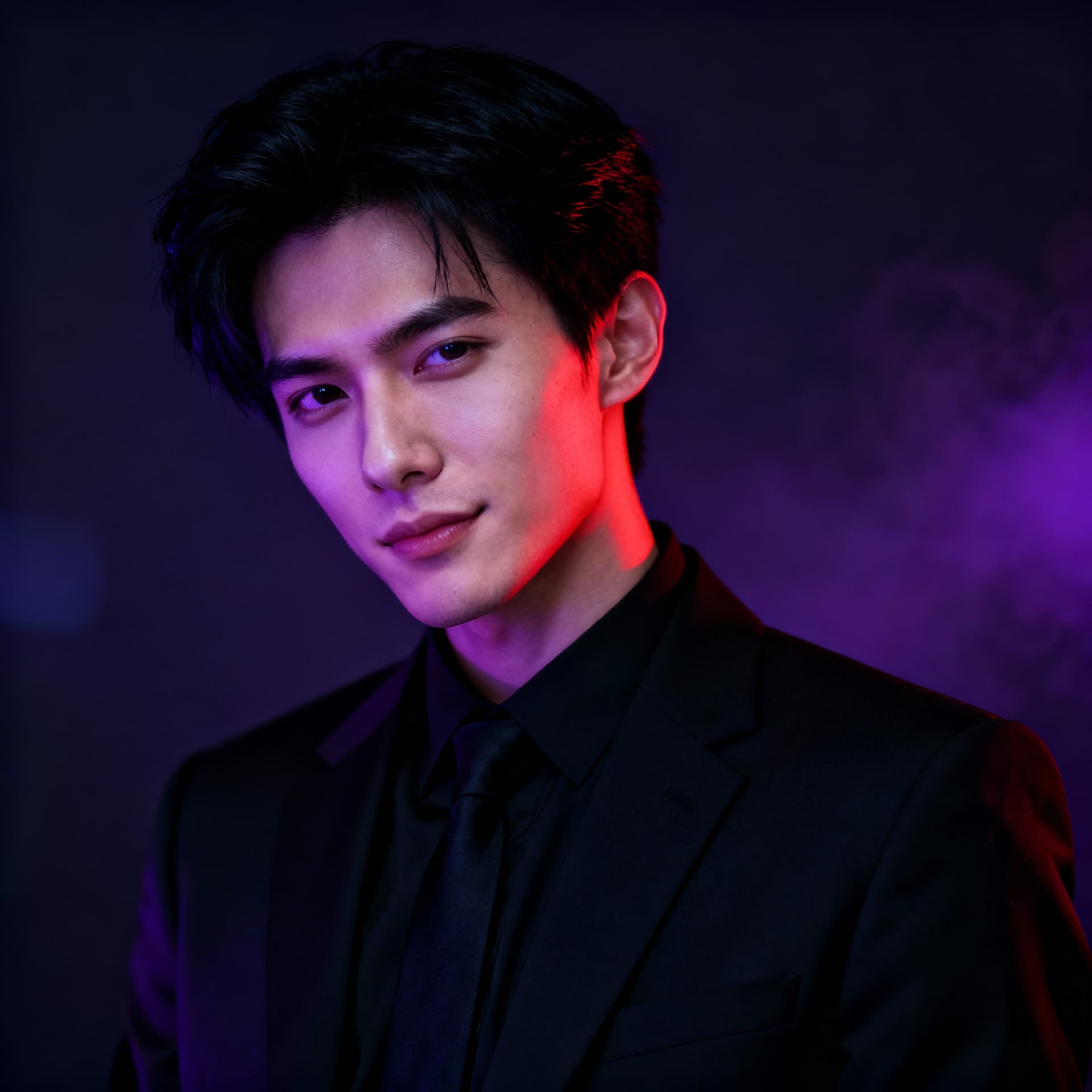 AI generated: "A young man with sharp facial features, styled black hair, and a confident yet mysterious expressio...