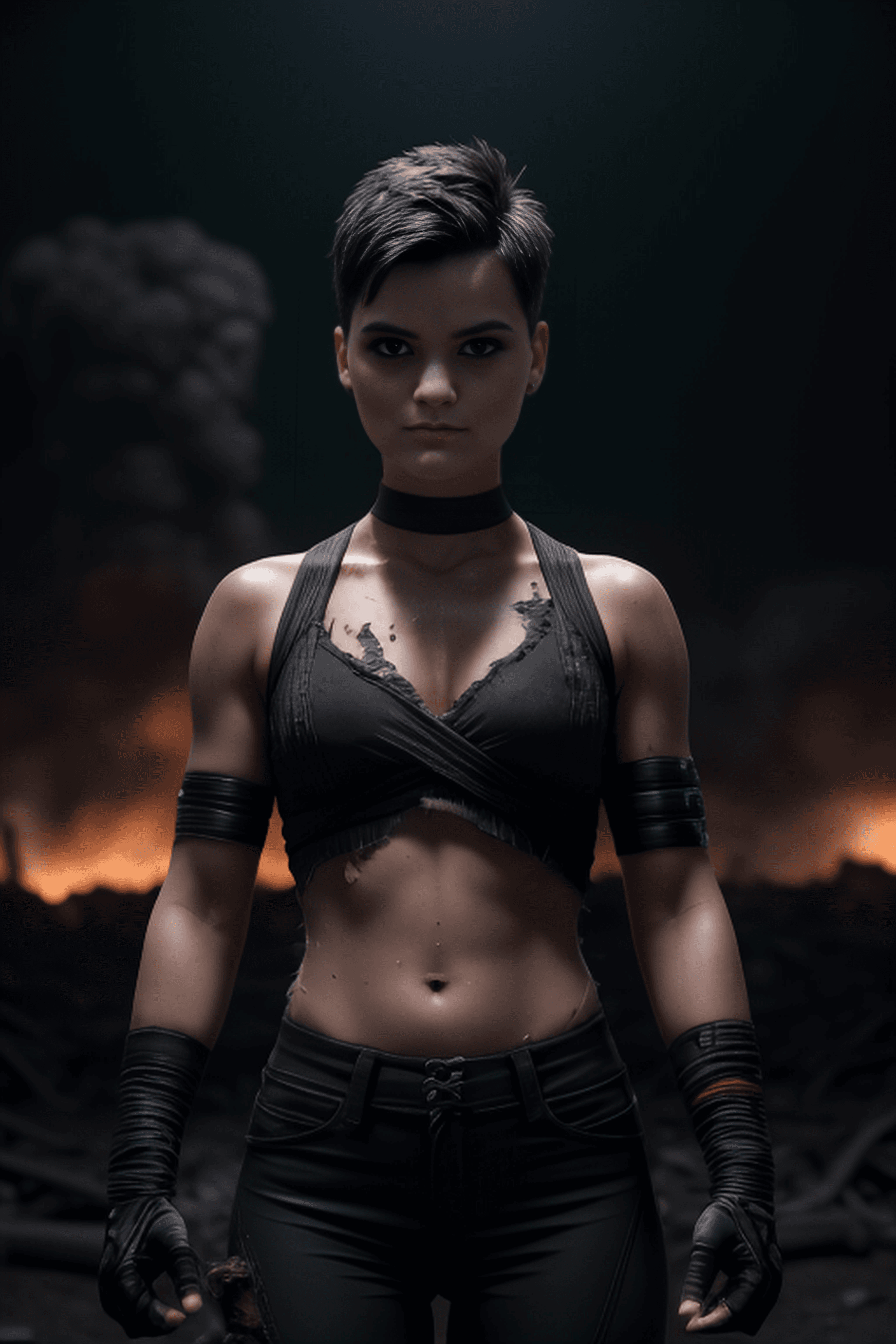 AI generated: (photo of Brianna Hildebrand:1.5) (messy short black hair with shaved head:1.3), (torn shredded X-Me...