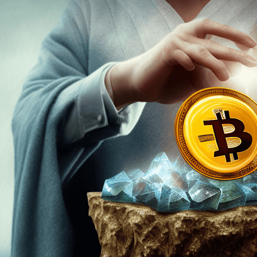 AI generated: a bitcoin wizard with crystal ball worshipping bitcoin, futuristic high-tech spiritualism, photoreal...