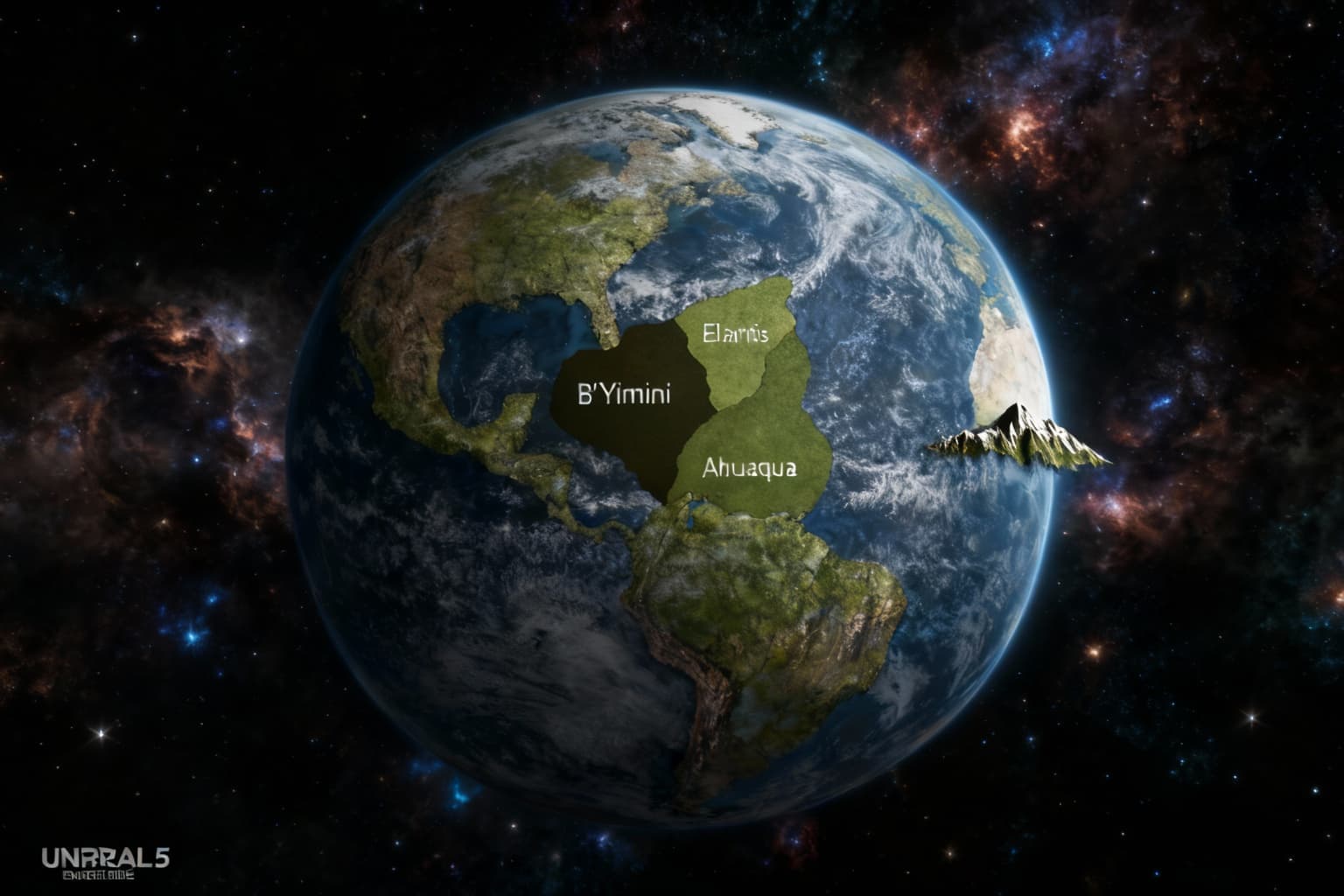 AI generated: Create an image of the Earth with the extra continent. Shade the new continent in greenish brown. Gi...