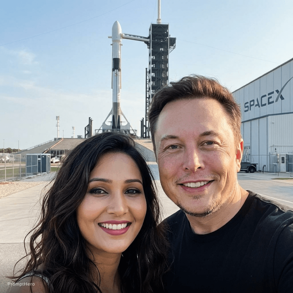 AI generated: with Elon Musk in front of a SpaceX rocket, professional setting