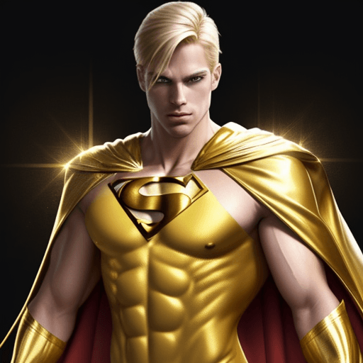 AI generated: male superhero named champion blond hair, no symbol on chest, skin tight gold suit, gold cape, gold ...