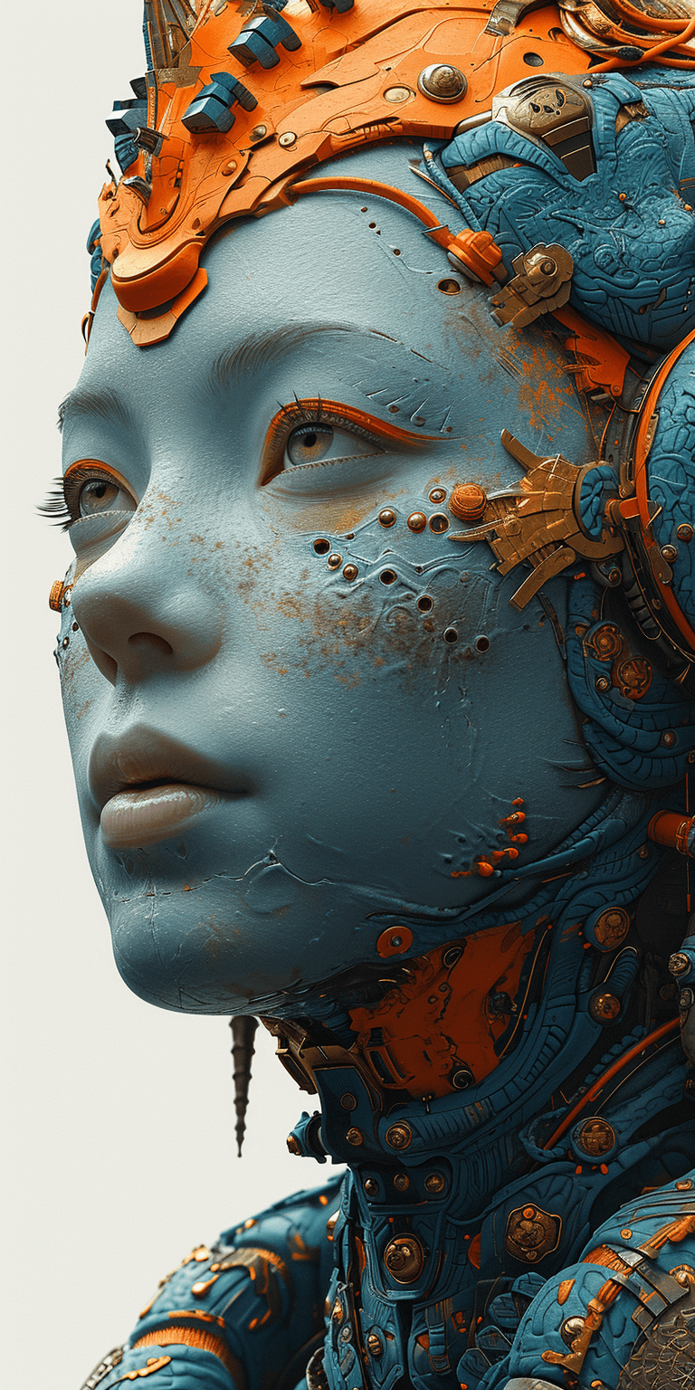 AI generated: alien cyborg art and illustration by theo el, in the style of balanced symmetry, light orange and cy...