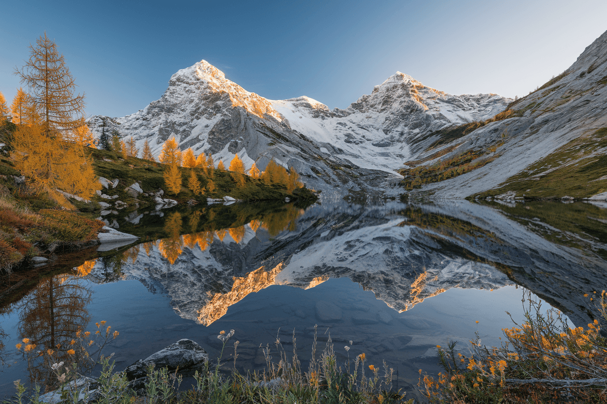 AI generated: (A serene mountain landscape at sunrise), featuring a calm lake with a mirror-like reflection of the...