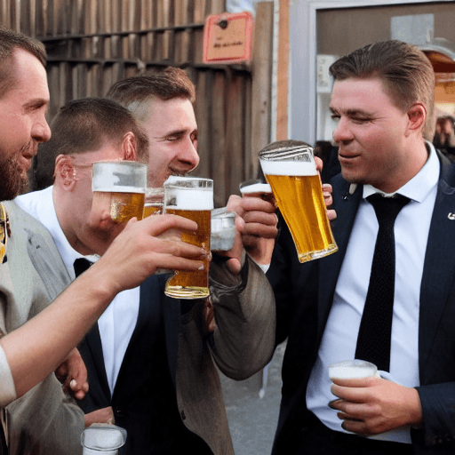 AI generated: Swiss moble men, alt right party, 
drinking a beer 