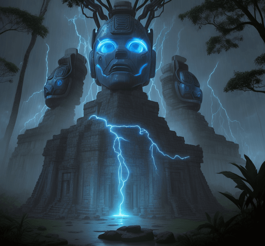 AI generated:  mysterious Maya temples. rain forest landscape. cloudy blue sky. electric sparks. 2 female iron rob...