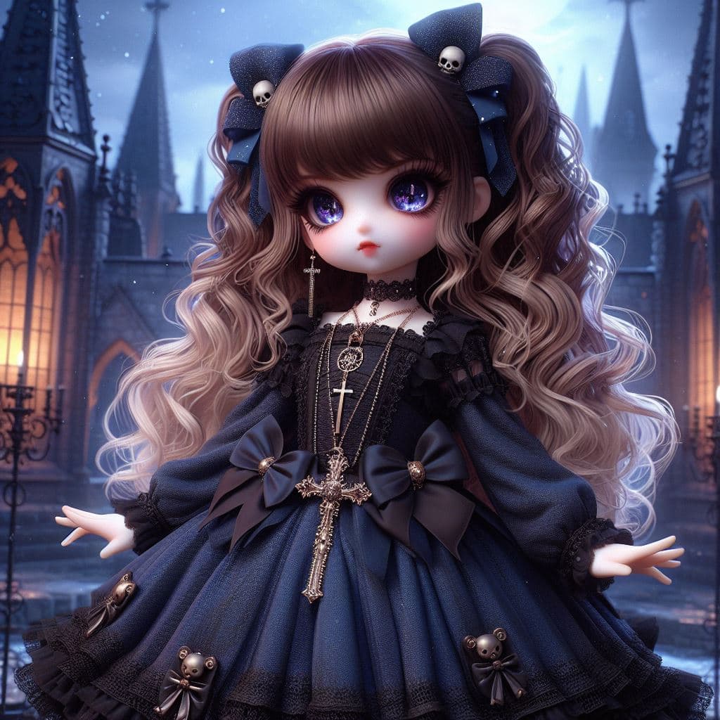 AI generated: 
A full-body 3D kawaii HDR 4k representation of a lolita dressed in dark royal blue with black, fea...