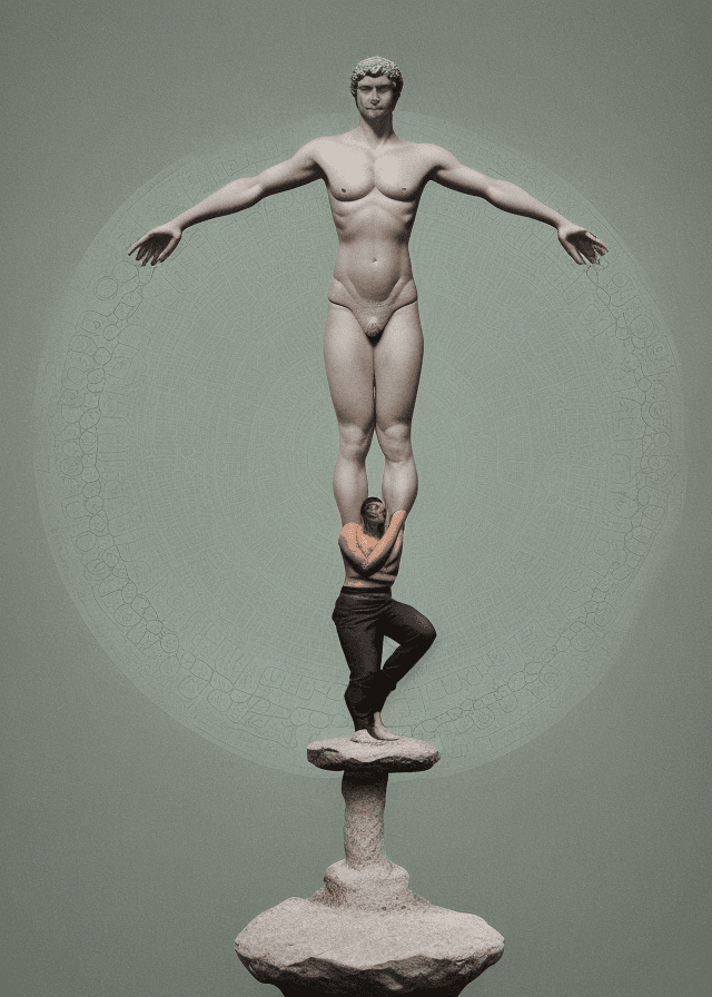 AI generated: In the center of the scale, visualize a figure desperately seeking to find balance between these two...